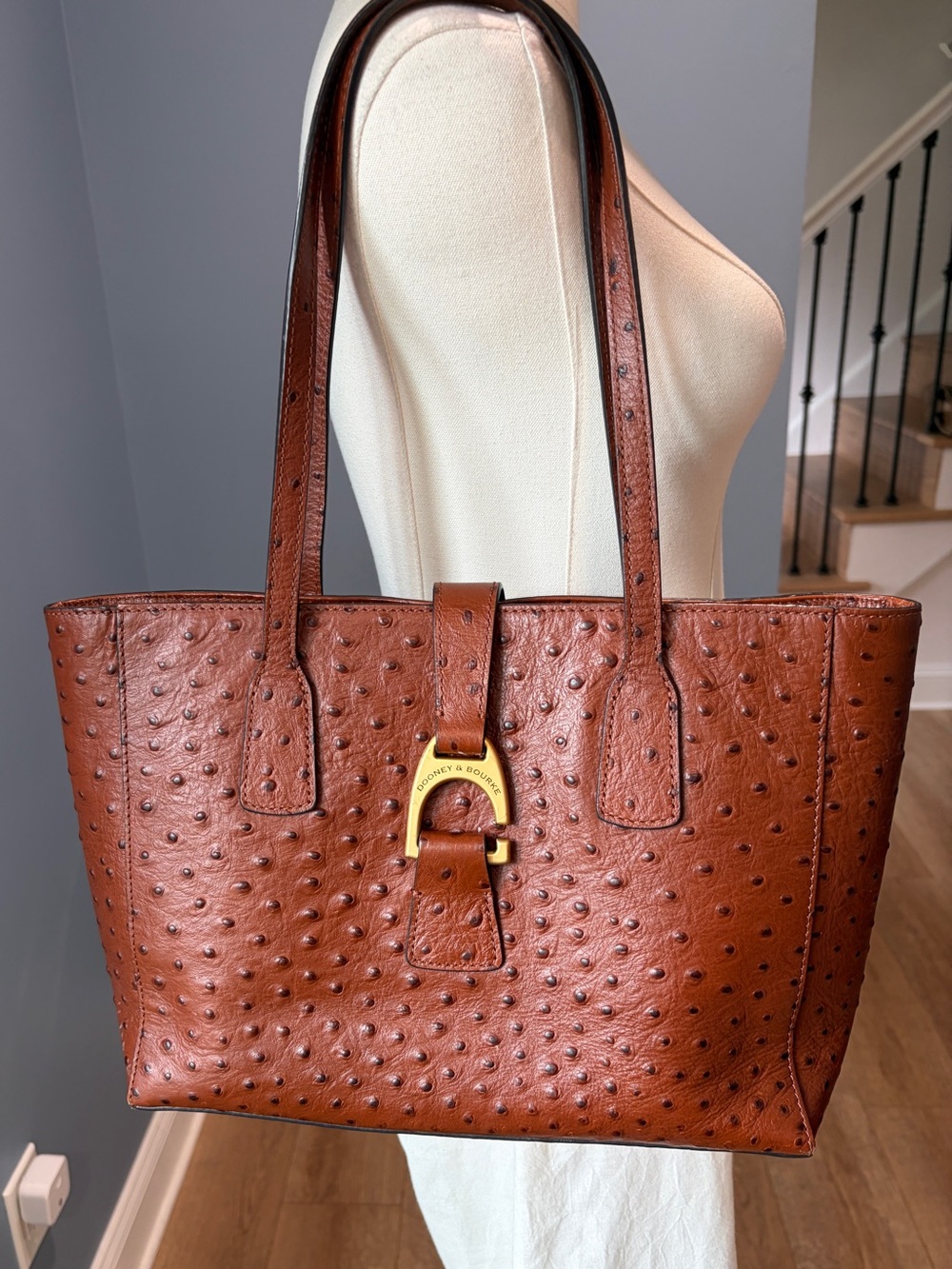 Dooney & Bourke Ostrich Small Shannon Tote Caramel Brown Leather Shoulder Bag